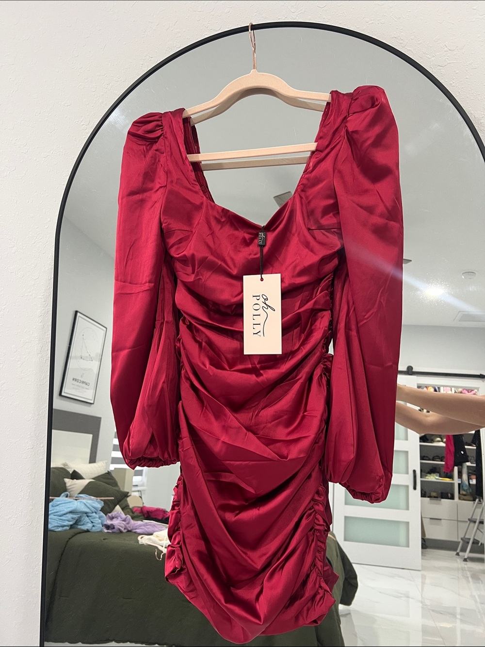 Oh Polly Burgundy Ruched Satin Mini Dress